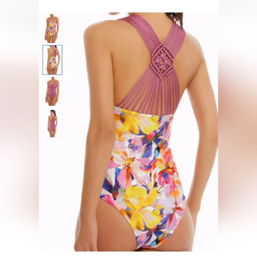 Cosita Linda Vibrant Floral Reversible Macramé One-Piece Swimsuit Size S NWT